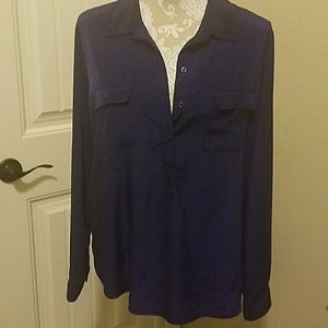 Silky navy button neck top